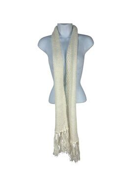 White Acrylic Knit Scarf With Fringe Detail Womens Lightweight Soft Warm Made In